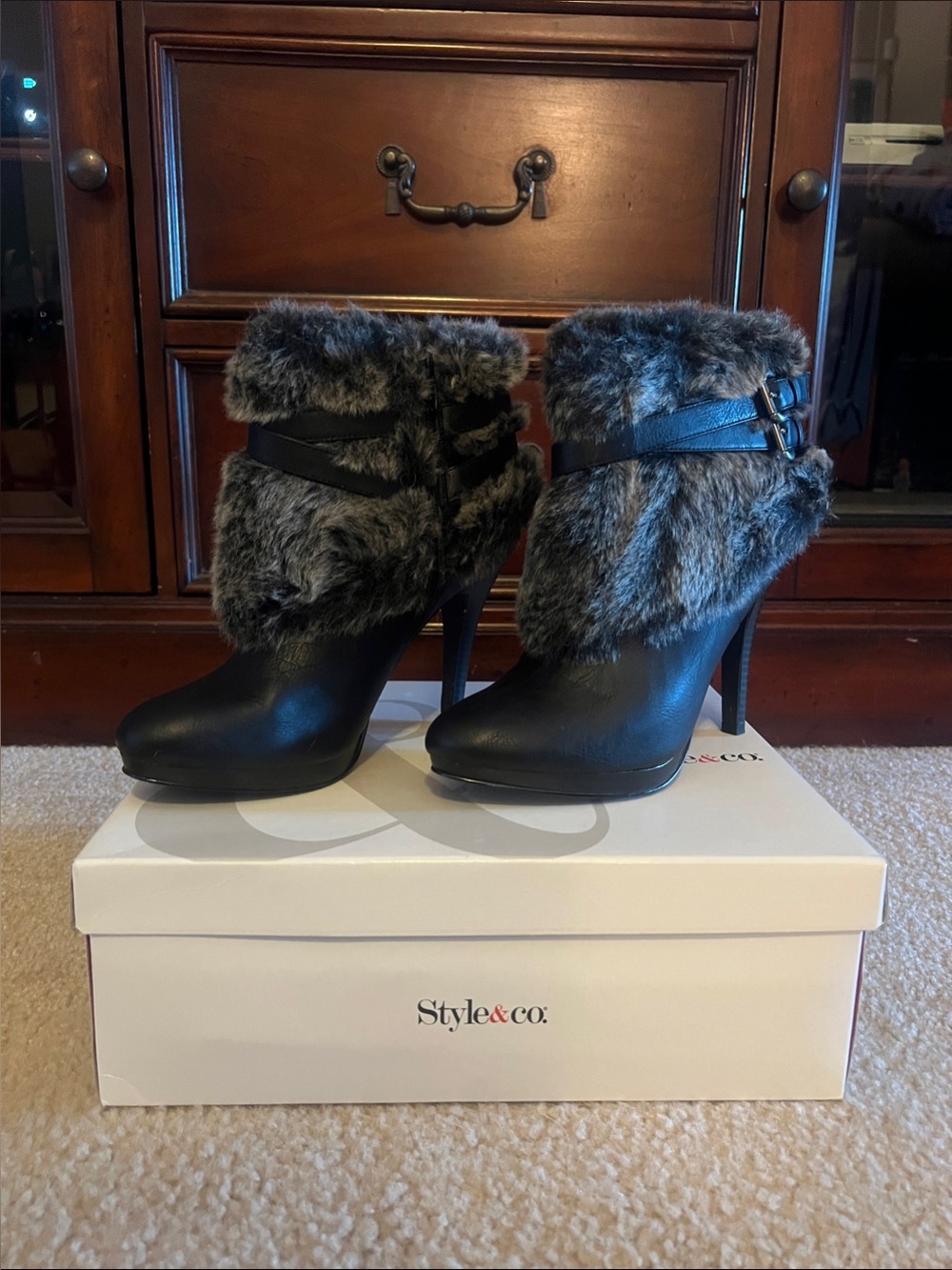 Style & Co. Black Faux-Fur Trim High-Heel Ankle Boots